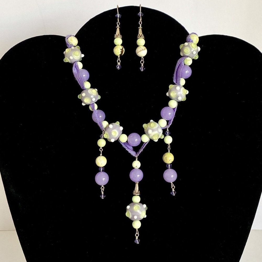 DietzJewels Lemon Chrysoprase Purple Crystal Glass Sterling Necklace Earring Set